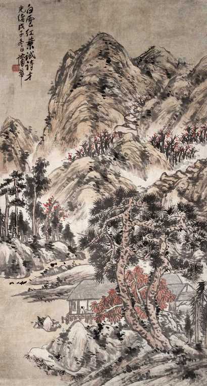 蒲华 戊子(1888年)作 白云红树 立轴